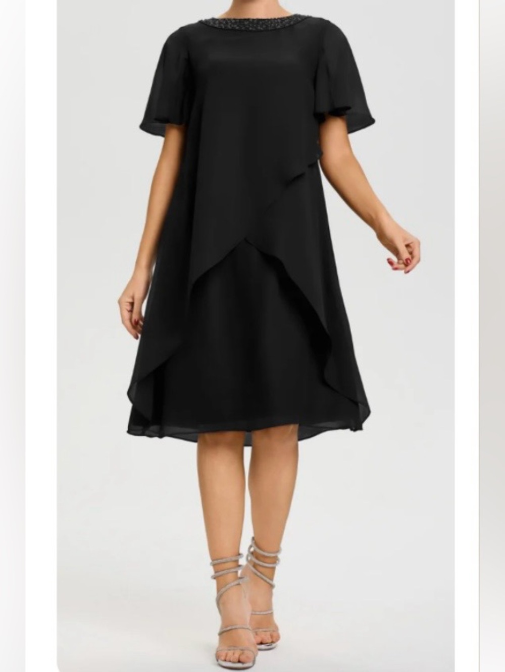 Black Layered Chiffon Midi Dress with Beaded Neckline